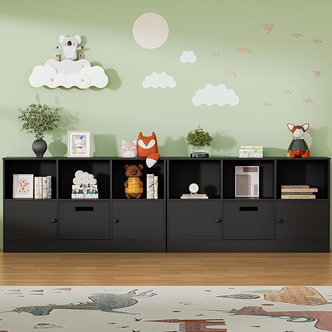 2-Tier Open Bookcase with 2 Doors, 6-Cube Wooden Bookshelf with Fabric Drawer, Floor Standing Display Cabinet Organizer, Kids Open Shelf Low Bookcase for Living Room, Bedroom, Office, Black