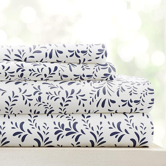 Linen Market Double-Brushed Patterned Microfiber Full Sheet Set 4 Piece – Oeko-TEX Certified Ultra Soft & Wrinkle-Free - 16" Deep Pocket Sheets - Easy Care Full Size - Burst of Vines Navy