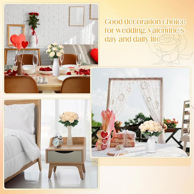 Hotop 20 Pcs Artificial Rose Flowers with Long Stem,Real Touch Silk Realistic Plastic Bouquet Roses Bulk for Home Decor Bridal Wedding Party Table Centerpieces Decorations(Champagne)