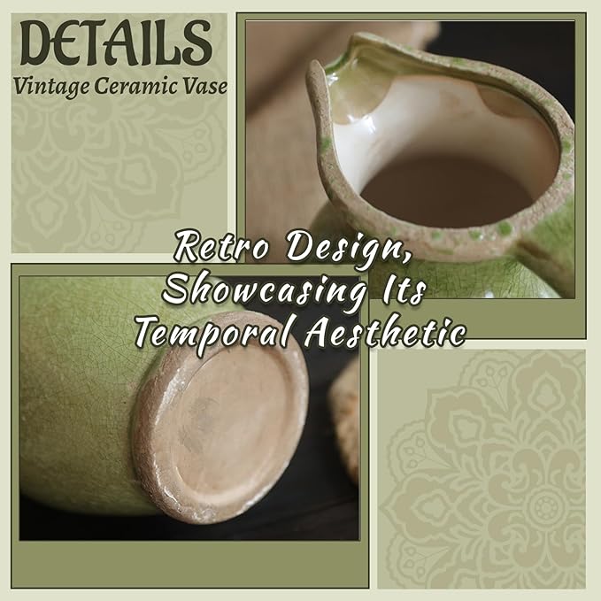 8 Inch Vintage Pitcher Vase, Rustic Green Ceramic Vases Flower Vase Farmhouse Decorative Pitchers for Home Decor, Terracotta Vases for Home Table Centerpiece Living Room Chinoiserie Decor