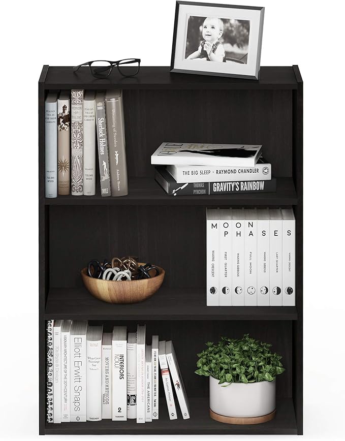 Furinno PASIR Book Shelf, 3-Tier Bookshelf, Storage Shelves Bookcase, 9.7 x 23.7 x 31.5, for Living Room, Bedroom, Home Office, Espresso