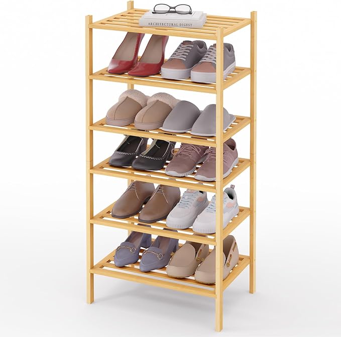 Smiry Small Bamboo Shoe Rack 6-Tier, Stackable Wooden Shoe Organizer for Entryway & Closet, Free Standing Wood Shoe Storage Shelf for Front Door & Small Spaces, Natural