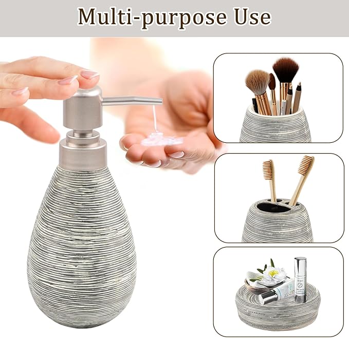 CERBIOR Bathroom Accessories Set,4 Pcs Ceramic Bathroom Decor Accessory,Includes Toothbrush Holder, Toothbrush Cup, Soap Dish for Decorative Countertop and Housewarming Gift(Grey 4pcs)