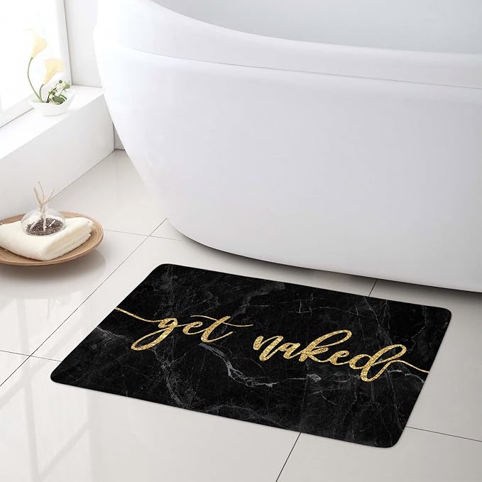 LB Black Marble Bath Mat Funny Gold Get Naked Area Rug for Bathroom Luxury Geomtric Doormat Non Slip Memory Foam Super Absorbent Floor Mats,24x16 Inch