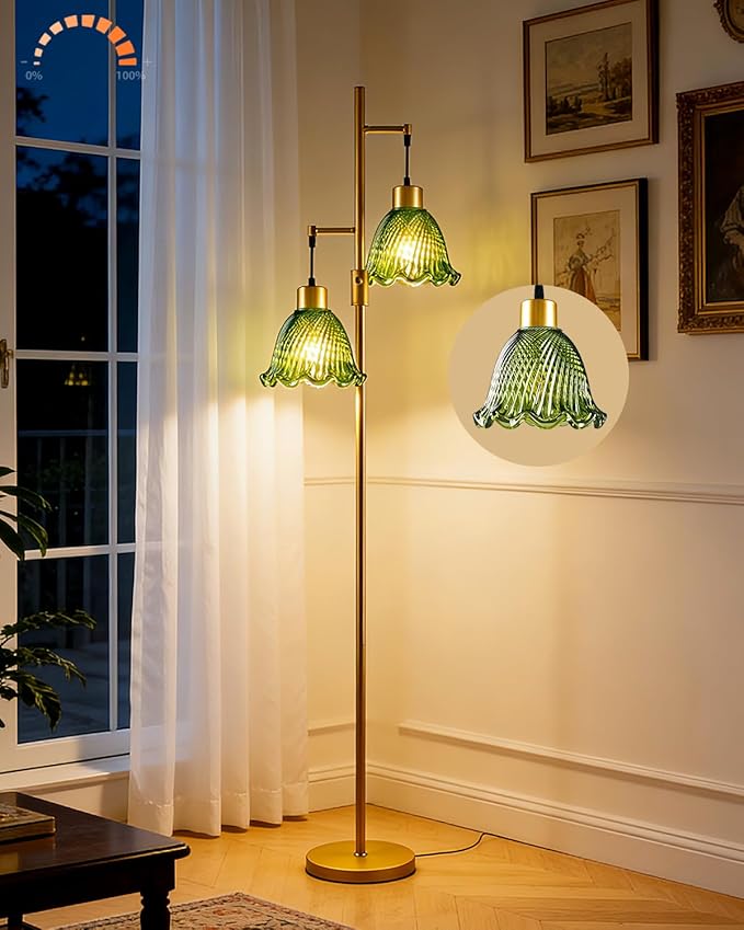 Lightdot 2- Light Gold Flower Floor Lamp for Living Room, 65IN Dimmable Floor Lamps with Green Glass Shade& Warm White Bulbs, Modern Standing Tall Lamp with 5Lbs Heavy Base for Bedroom Home Office