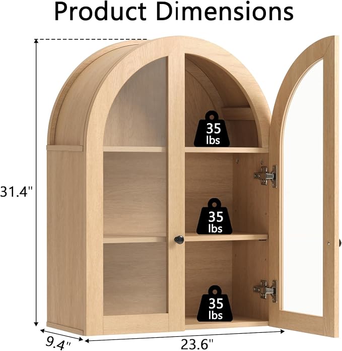 Bathroom Arched Wall Cabinet Over The Toilet Storage Cabinet, 23.5×31.4 Inch bathroom cabinet wall mount with Glass Doors & Adjustable Shelves, Wood Cabinet for Laundry Room, Bedroom Kitchen，Natural