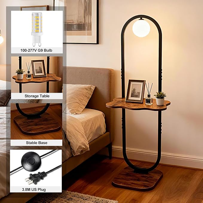 Lightdot 47-Inch Arch Floor Lamp, Modern Standing Lamp with Table, Black Metal Frame with Globe Shade, Living Room Bedroom Lighting, G9 LED Bulb Included for Sofa Beside/Corner Decor