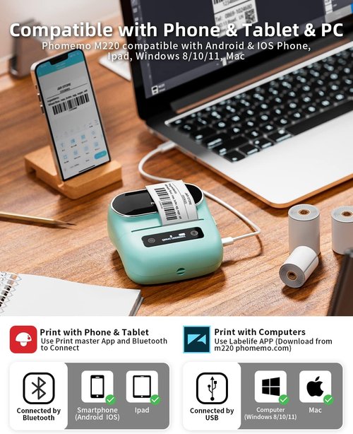 Phomemo M220 Thermal Label Maker - Portable Bluetooth Inkless Printer for Home & Office | 3-Inch Barcode Printing