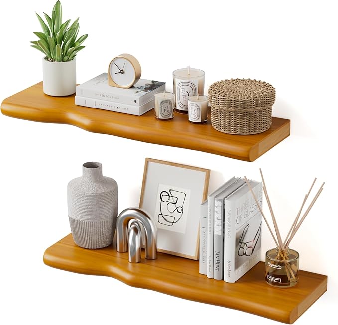 Solid Wood Live Edge Floating Shelves Set of 2 – 24" Rustic Wall Shelf with Hidden Bracket System, Wall Mounted Shelves for Bathroom, Kitchen, Living Room, Bedroom (Honey Walnut)