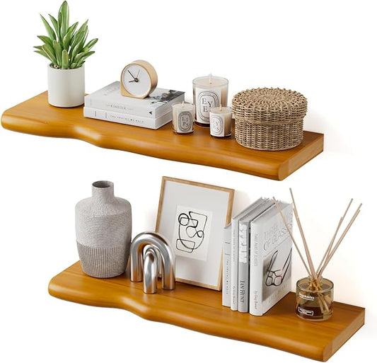 Solid Wood Live Edge Floating Shelves Set of 2 – 24" Rustic Wall Shelf with Hidden Bracket System, Wall Mounted Shelves for Bathroom, Kitchen, Living Room, Bedroom (Honey Walnut)