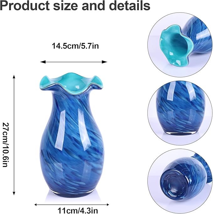 10.6in Hand Blown Blue Glass Vase – Wide Mouth Murano Bubble Art Glass Vase, Cobalt Blue Flower Vase for Coastal, Vintage, Colorful Home Decor, Vase Gift for Mom or Display (Blue)