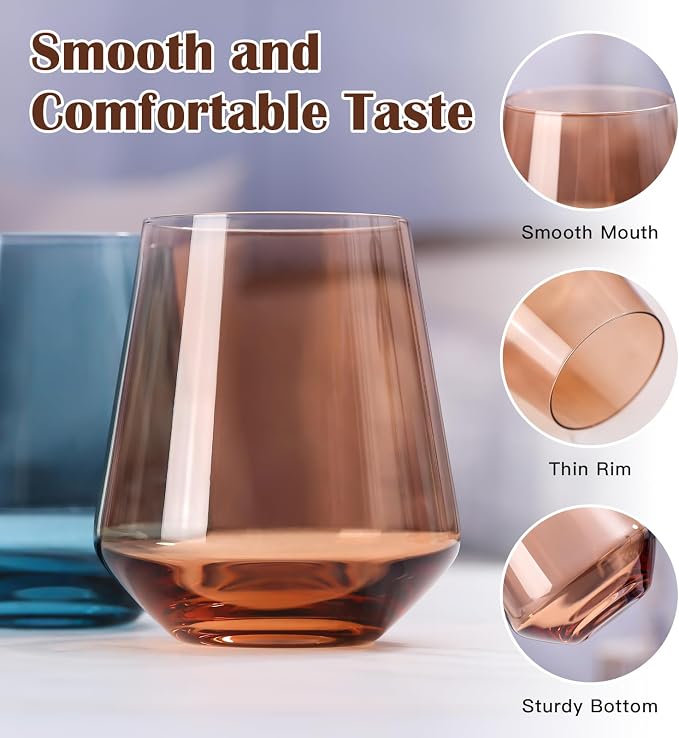 Color Stemless Wine Glass Set of 6-17oz Wine Glasses, Stemless Drinking Glasses for Wine, Cocktails & Beverages - Elegant Glassware for Home, Bar & Holiday Use