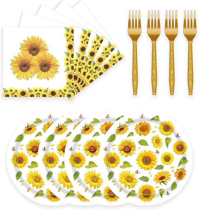 72 Pcs Sunflower Paper Plates and Napkins Party Supplies , Floral Birthday Party Decorations Disposable Party Plates and Napkins Tableware Set for Summer Fall Wedding Baby Shower Serves 24 (Sunflower)