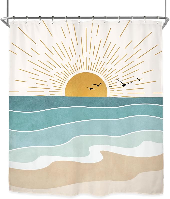 Miyotaa Abstract Sun Minimalist Shower Curtain Set 60Wx71H Inches Beach Sunrise Aesthetic Coastal Teal Turqoise Aqua Polyester Waterproof Cloth Bathroom Curtain with 12 Hooks