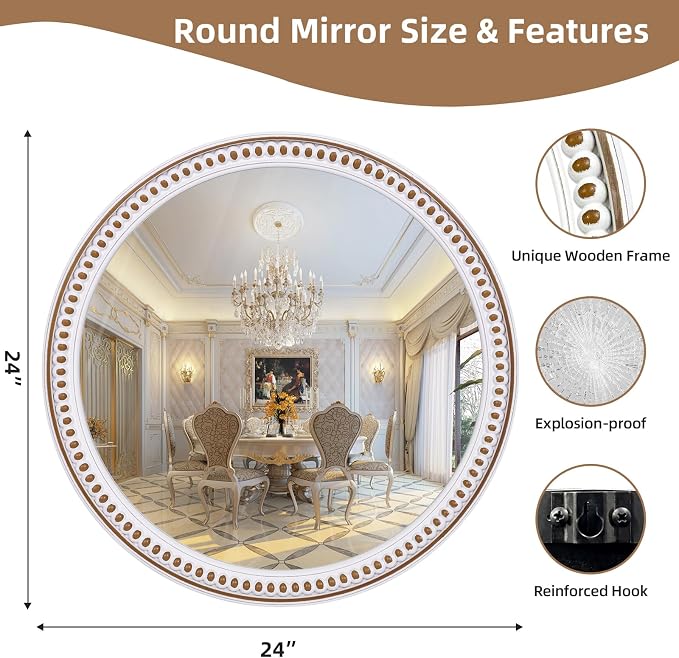 HOITUZYUS 24 Inch Wooden Rustic Farmhouse Round Mirror for Wall Decor | Circle Decorative Mirrors for Bathroom Over Sink, Entryway, Living Room, Bedroom, Hallway