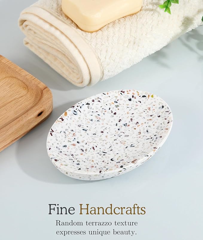 Luxspire Soap Dish, Resin Soap Tray Soap Holder Container Box, Oval Soap Plate Case, Non-Slip, Multi-Purpose Soap Holder, Bathroom & Kitchen Countertop, Terrazzo