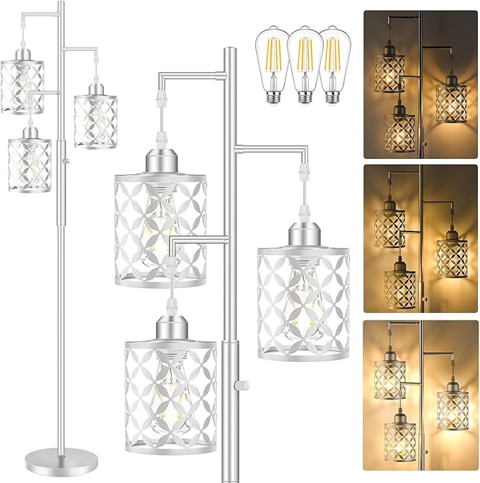 Dimmable Floor Lamp, Farmhouse Standing Lamp with Elegant Metal Cages, Industrial Tall Tree Floor Lamps for Living Room, Bedroom, Study Room, Office, 2000LM LED Bulbs Included -68", Silver