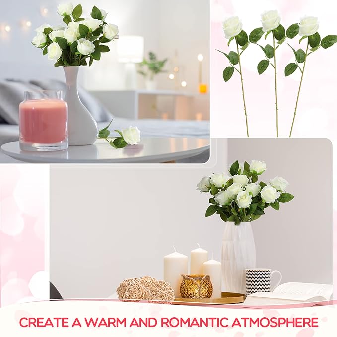 Jexine 50 Pcs Artificial Rose Flower Bulk Realistic Silk Fake Roses with Long Stem Plastic Artificial Flower Bouquet Real Looking for Home Wedding Centerpieces Party Decoration(White)