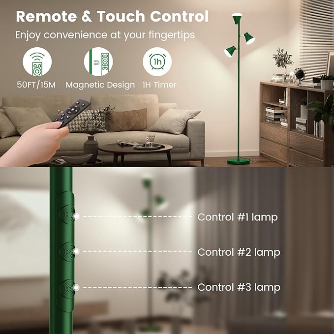 SIBRILLE 36W LED Tree Floor Lamp, Dimmable Tall Standing Lamp with Remote & Touch Control, 4 Color Temperatures Bright Floor Lamp, 3 Rotatable Light Modern Floor Lamps