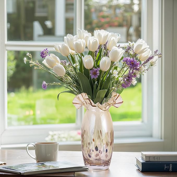 Hand Blown Amber Glass vase, Unique Glass Wide Mouth vase for Console Office TV Stand Coffee Table entryway Entrance Desktop Living Room Dining Table Centerpiece.
