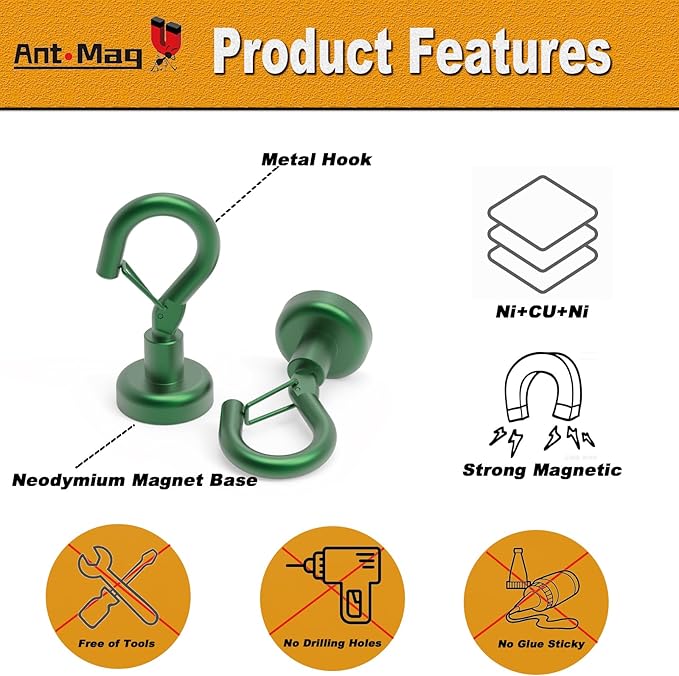 Ant Mag Magnetic Hooks Heavy Duty with Snap 22lbs Strong Green Magnet Hooks Great Hanging for Refrigerator, Cruise Cabin, Grill, Wreath,Kitchen,Office 8 Pack