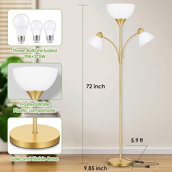 Coucrek Floor Lamp for Living Room,72" Dimmable Torchiere Lamp with 2 Reading Lights for Bedroom, Gold Tall Standing Room Lamp, 3 Bulbs Included