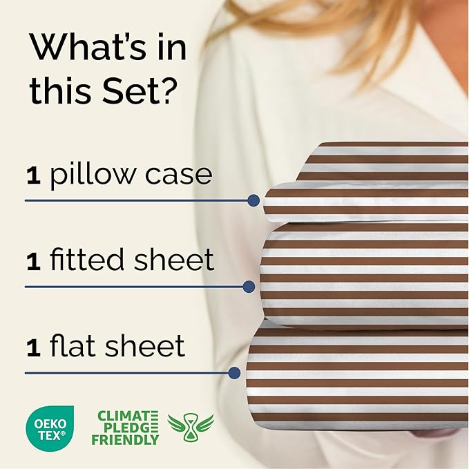 Striped Sheets - Brown Striped Sheets - 1 Flat & 1 Fitted & 1 Pillowcase w/ Deep Pockets – Wrinkle & Fade Resistant - Ultra-Soft, Breathable and Cooling – Luxury Pinstripe Bedding - Twin Size Bed Set