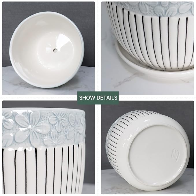 Ton Sin Grey Flower Pots, Texture Planter for Indoor Plants Set of 3 Ceramic Flower Pots with Saucer, Cute Garden Pots Succulent Pots, 6.75/5.6/4.2 Inch, Indoor Outdoor Home Garden Decor
