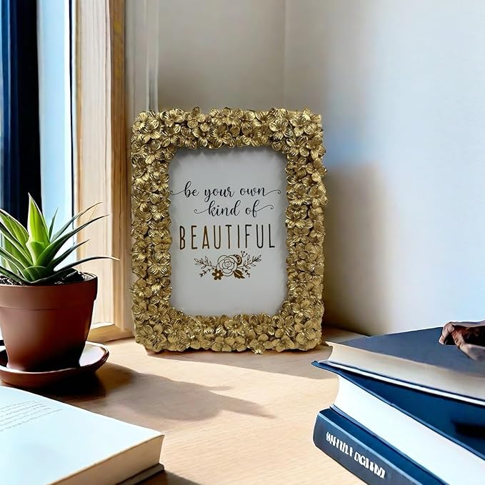 5x7 Ornate Picture Frame Embossed Flower Art Deco Photo Frames 5 x 7 Floral for Wall and Tabletop Display with Glass Retro Home Decor(Gold)