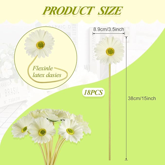 WILLBOND 18 Pieces Artificial Gerbera Daisies Flowers Fake Daisy Faux Boho Daisy Flowers Bouquet 15 in for Boho Birthday Decorations Wedding Home Decor (White)
