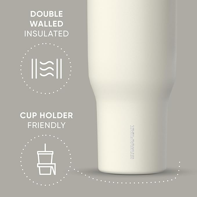 Hydrapeak Voyager 40 Oz Stainless Steel Tumbler with Handle, Insulated Water Bottle With Straw & Lid, Cupholder Friendly Reusable Travel Mug (Ivory)