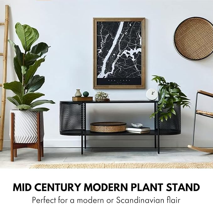 Fox & Fern Mid Century Plant Stand — 11.8 Inch Fixed Size Wooden Plant Stand for Indoor Planters (Not Included) - Large Flower Pot Holder for Indoor Big Pots - Plug In Design - Two Heights - Acacia