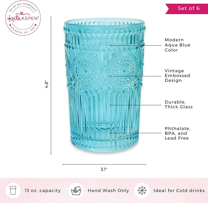 Kate Aspen Vintage Textured Aqua Blue Striped Drinking Glasses Set of 6-13 oz Ribbed Glassware with Flower Design | Cocktail Set, Juice Glass, Water Tumbler