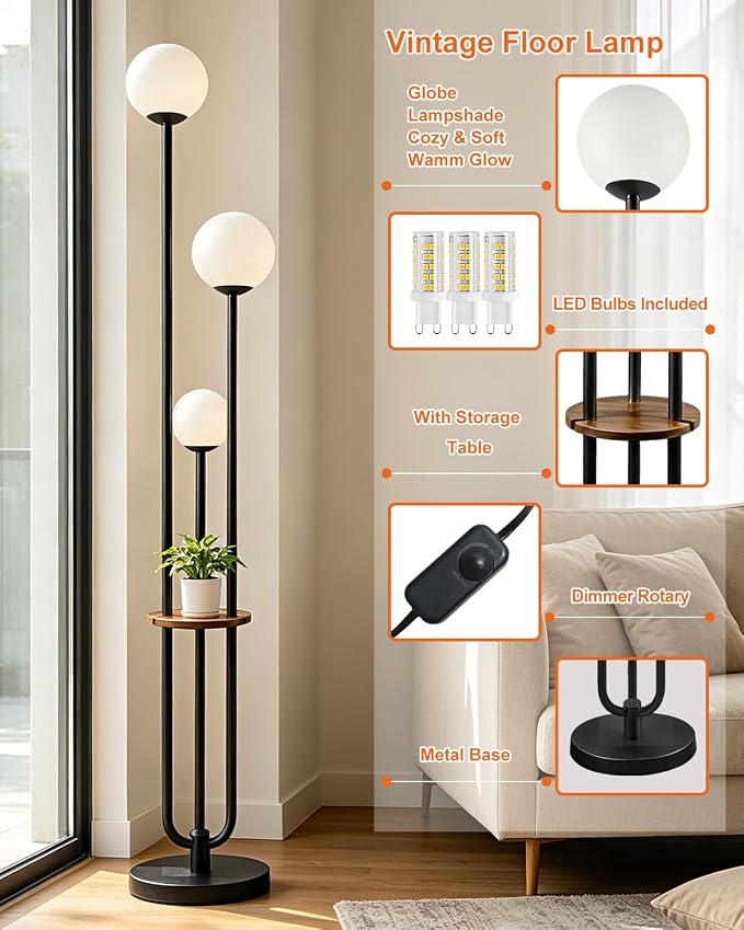 63IN Black Floor Lamp with Shelf Mid Century Modern Tall Standing Lamps with 3000K Warm White Bulb Included Dimmable Globe Floor Lamp with 5Lbs Heavy Base for Living Room/Bedroom/Home Decor