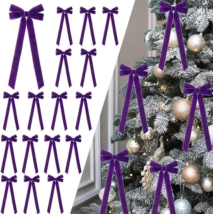 JOICEE 15Pcs Velvet Bows Christmas Tree Decorations, 5 x 12 Inch Wreath Bows Rustic Crafts Gift Ribbon Bow for Xmas Tree Topper Garland Fireplace Mantel Staircase Wedding Home Decor(Purple)