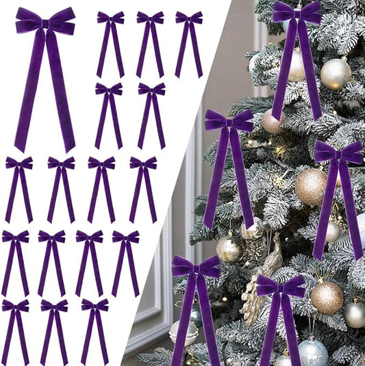 JOICEE 15Pcs Velvet Bows Christmas Tree Decorations, 5 x 12 Inch Wreath Bows Rustic Crafts Gift Ribbon Bow for Xmas Tree Topper Garland Fireplace Mantel Staircase Wedding Home Decor(Purple)