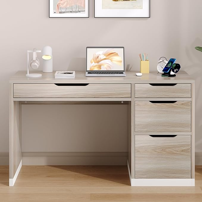 52 Inch Small Desk with Drawers, Walnut Desk with Storage, Computer Desk with Filing Cabinet，Study Desk for Kids, Bedroom