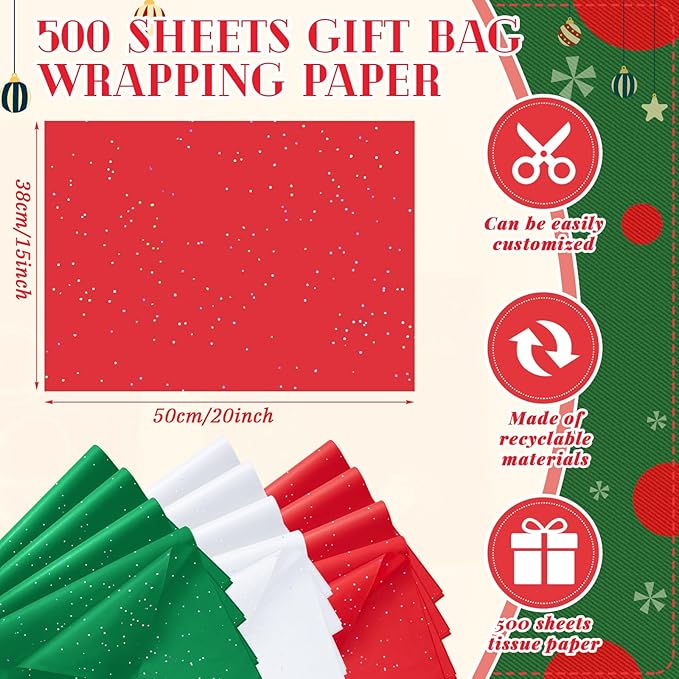 Qilery 500 Sheets Christmas Glitter Red Green White Tissue Paper Bulk 15 x 20 Inch Wrapping Paper for Gift Bags Acid Free Tissue for Christmas Craft Supplies, Bouquets, Garlands, Forming Pompoms
