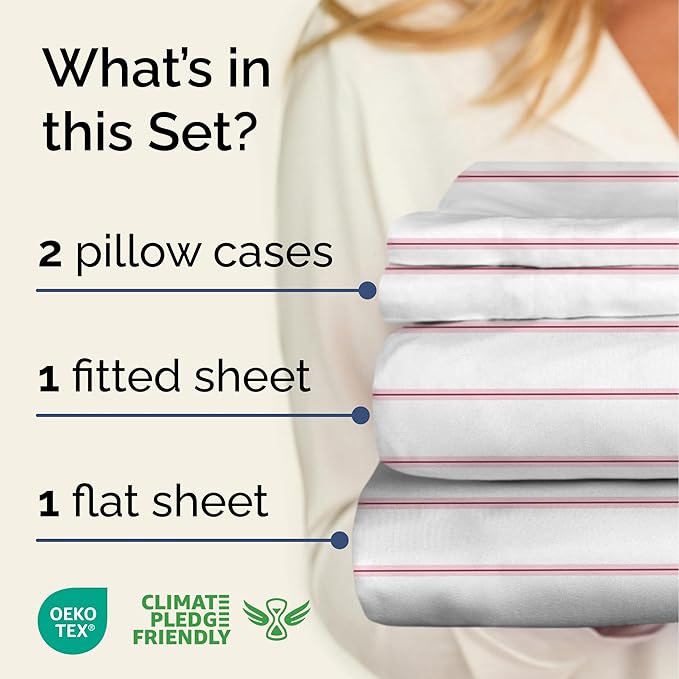 Striped Sheets - Red & White Striped Sheets - 1 Flat & 1 Fitted & 2 Pillowcases w/ Deep Pockets – Comfy, Wrinkle & Fade Free - Soft, Breathable & Cooling – Luxury Pinstripe Bedding - Full Size Bed Set