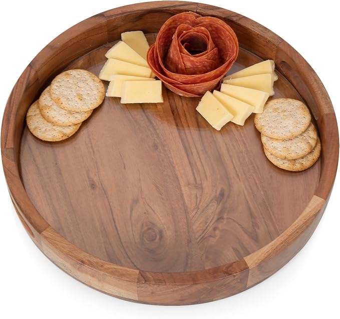 PICNIC TIME Barista Serving Tray with Glass Insert, Round Acacia Wood Cheese Board, Serving Platter with Handles, (Acacia Wood)