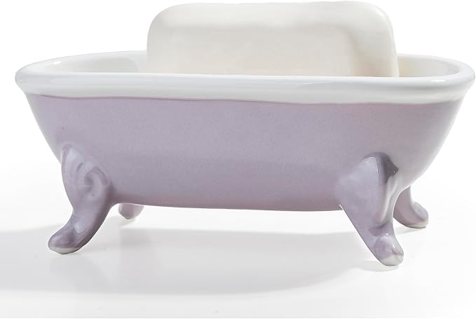 6.7" Ceramic Mini Clawfoot Bathtub Bar Soap Dish, Decorative Bar Soap Holder, Soap Tray Sponge Holder for Shower, Bathroom & Kitchen Sink (Purple)