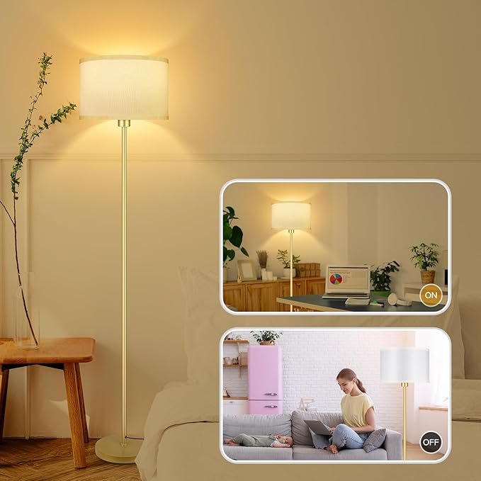 Gold Floor Lamps for Living Room, Modern Standing Lamp, White Lamp Shades, Foot Switch, Simple Pole Lamps Tall Lamp for Bedroom,Office/Living Room/Nightstand, Boho Reading Lamp(Bulb Not Included)