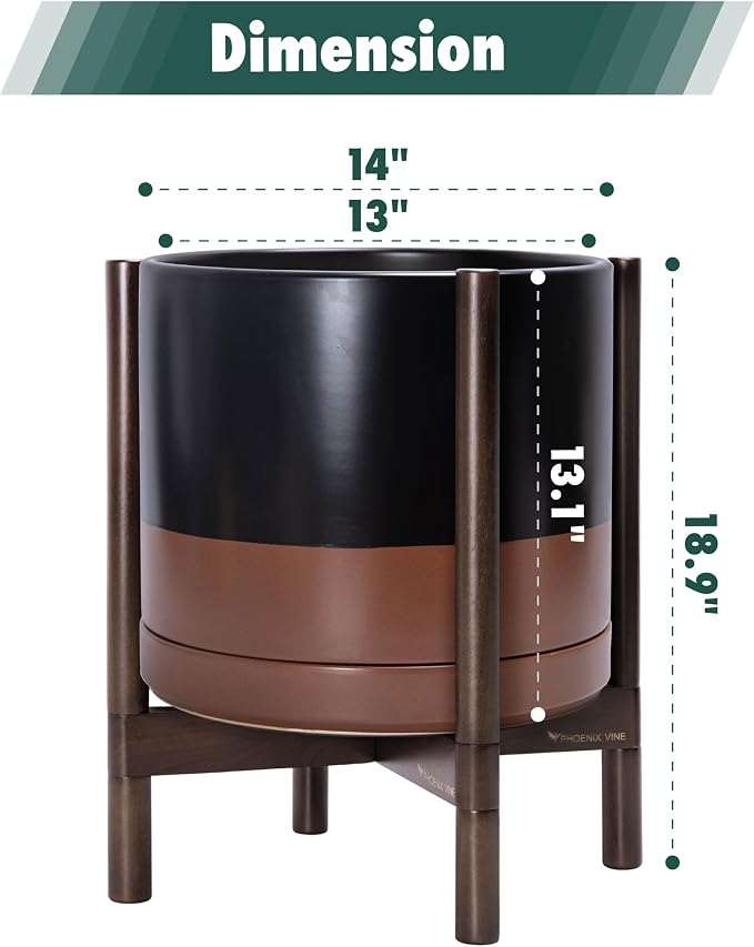 D'vine Dev Ceramic Planter with Walnut Color Stand - 14 Inch Modern Round Flower Pot with Wood Planter Holder, Black/Speckled Tan, 55-B-T-7