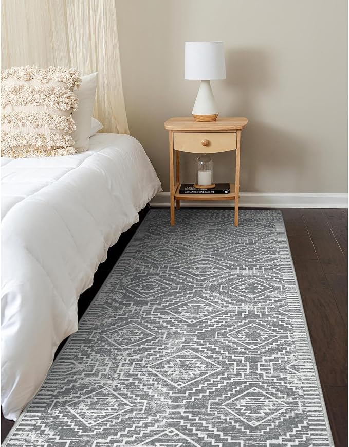 Wonnitar Moroccan 2'6"x8' Washable Kitchen Runner Rug with Rubber Backing, Non-Slip Grey Rug Runner for Hallway, Thin Farmhouse Geometric Carpet Runner for Bedroom Entryway (Silver Grey,2'6"x8')