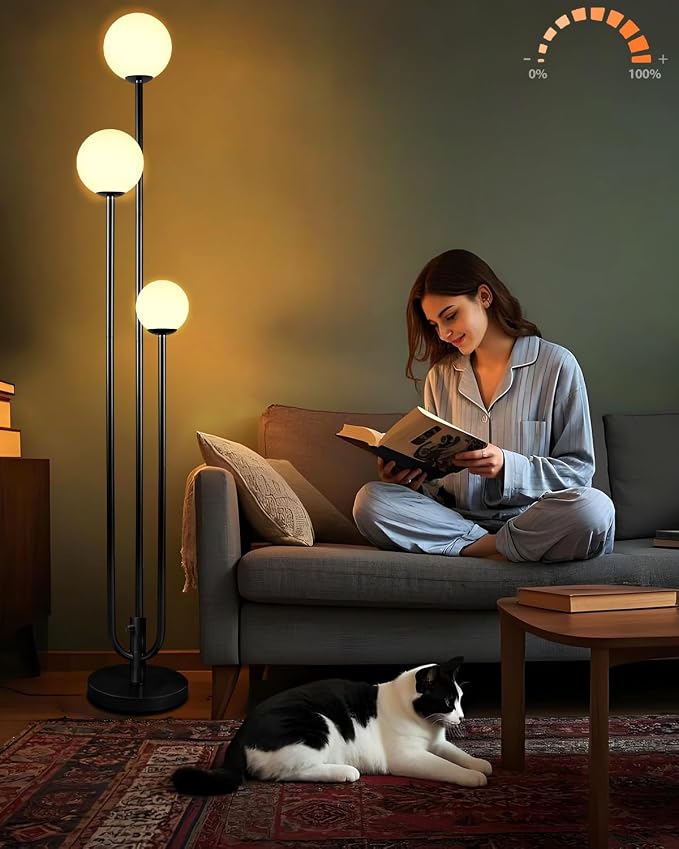 63IN 3-Light Dimmable Floor Lamp, Unique Black Tall Standing Lamps with 3000K Bulbs for Reading, Mid Century Modern Floor Lamp with 5Lbs Heavy Base for Living Room Bedroom Office