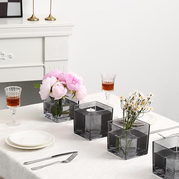 Square Grey Glass Vases Set of 2, 6" x 6" x 6" Square Vase for Centerpieces, Flower Vases for Centerpieces, Small Vase for Wedding, Party, Home Office Decoration