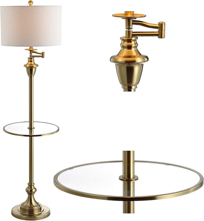 JONATHAN Y 60" Brass Gold Floor Lamp with Integrated Glass Side Table, Modern Swing Arm Standing Lamp for Living Room, White Linen Shade, LED Bulb Included JYL3055A