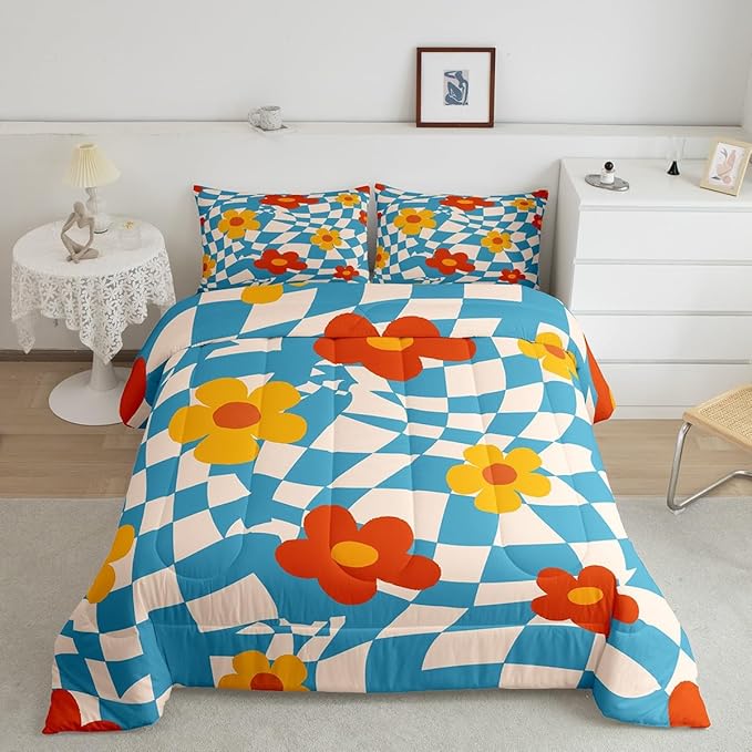 Castle Fairy Kids Vintage Groovy Daisy Flowers Queen Size Comforter Set,Abstract Blue Plaid Down Comforter Adults Bedroom Decor,70s Hippie Floral Ultra Soft Microfiber Inner Fill 3Pcs Bedding