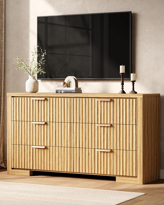 Fluted 6 Drawer Dresser for Bedroom, 54" Wide Chest of Drawers with Metal Handle, Modern Storage Dressers Organizer for Living Room, Hallway, Natural
