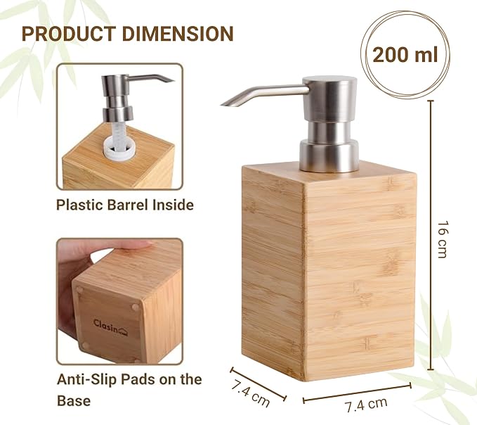 Clasin Home Bamboo Soap Dispenser with Anti-Slip Pads and Stylish Horizontal Wood Grain, Hand Dispenser for Bathroom, Kitchen, Dish, Lotion, Shampoo, Liquid Soap (7 Oz)